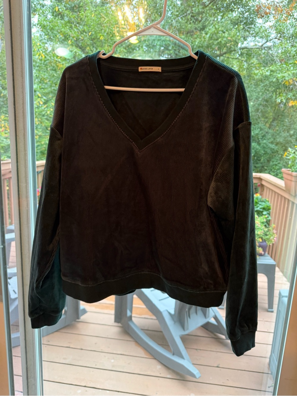 Marine Layer V-Neck Velvet Sweater in Dark Green